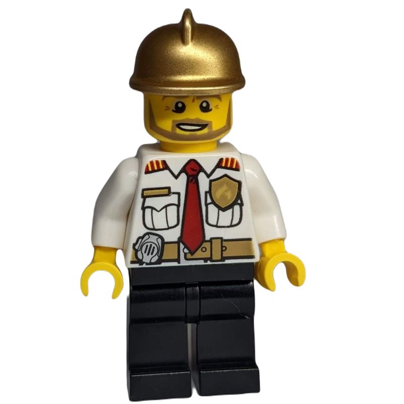 Pompier, chemise blanche avec cravate rouge, badge et radio à la ceinture, casque doré, barbe (Fireman, White Shirt with Red Tie, Badge, and Radio on Belt, Gold Helmet, Beard)