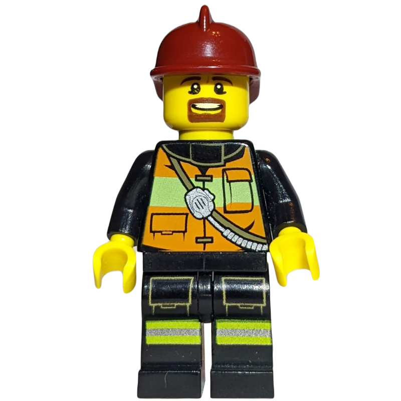 Pompier, gilet de sécurité orange avec radio, casque rouge foncé, bouc (Fireman, Orange Safety Vest with Radio, Dark Red Helmet, Goatee Beard)