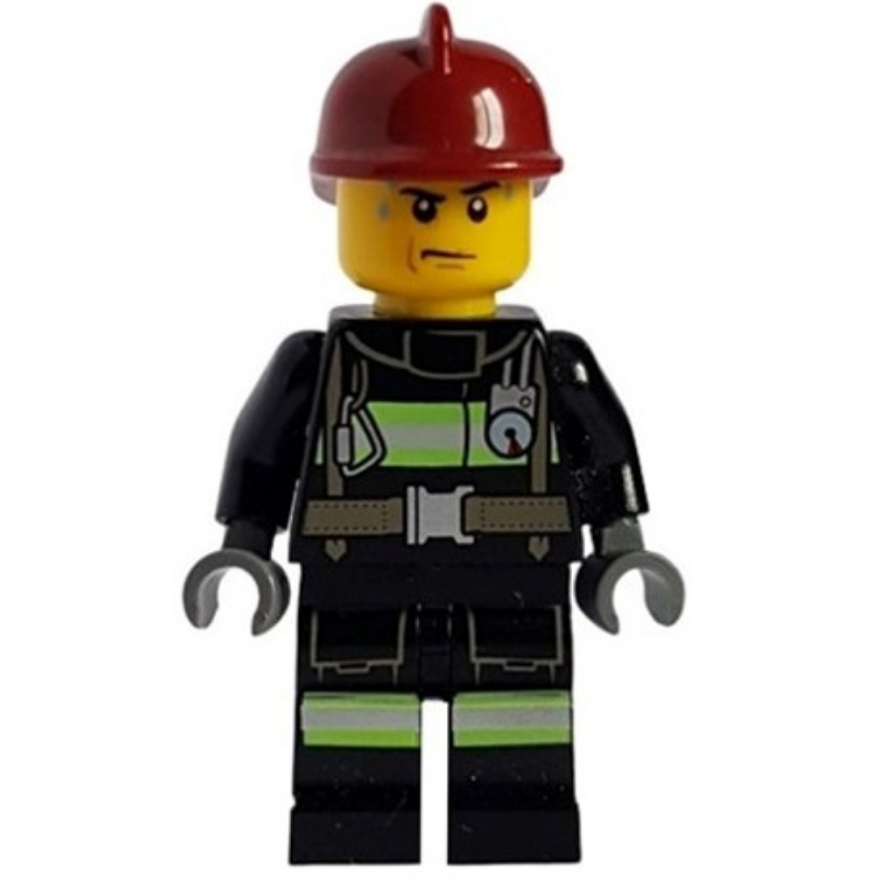 Pompier, costume de feu noir avec jauge et sangles, casque rouge foncé, gouttes de sueur (Fireman, Black Fire Suit with Gauge and Straps, Dark Red Helmet, Sweat Drops)