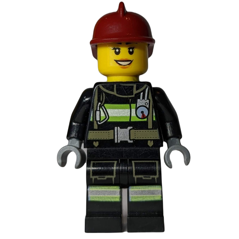 Pompière, costume de feu noir avec jauge et sangles, casque rouge foncé (Firewoman, Black Fire Suit with Gauge and Straps, Dark Red Helmet)