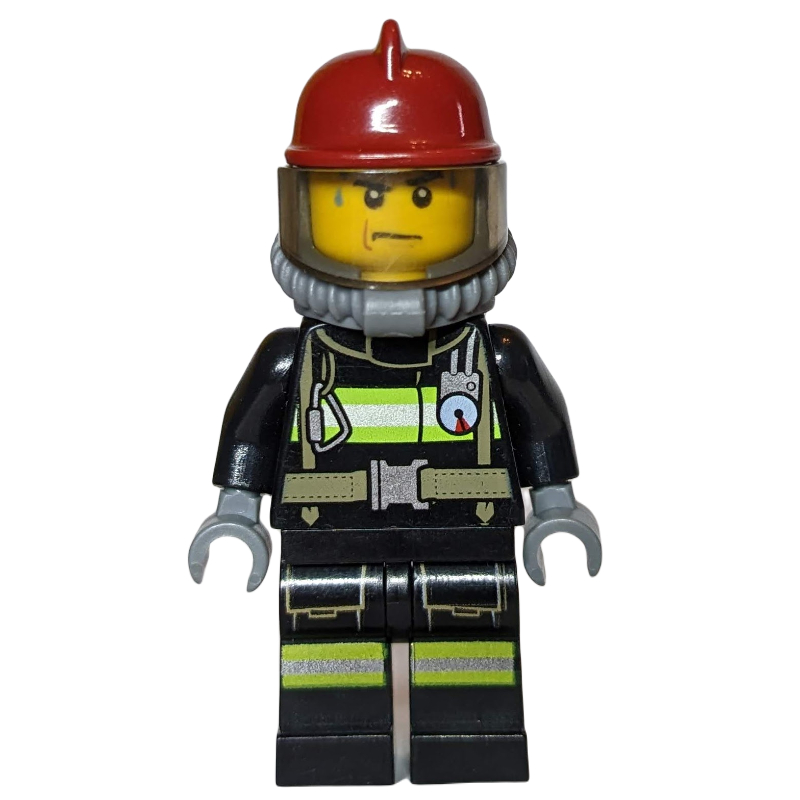 Pompier, costume de feu noir avec jauge et sangles, casque rouge foncé, appareil respiratoire, bouteilles d’air, gouttes de sueur (Fireman, Black Fire Suit with Gauge and Straps, Dark Red Helmet, Breathing Apparatus, Airtanks, Sweat Drops)