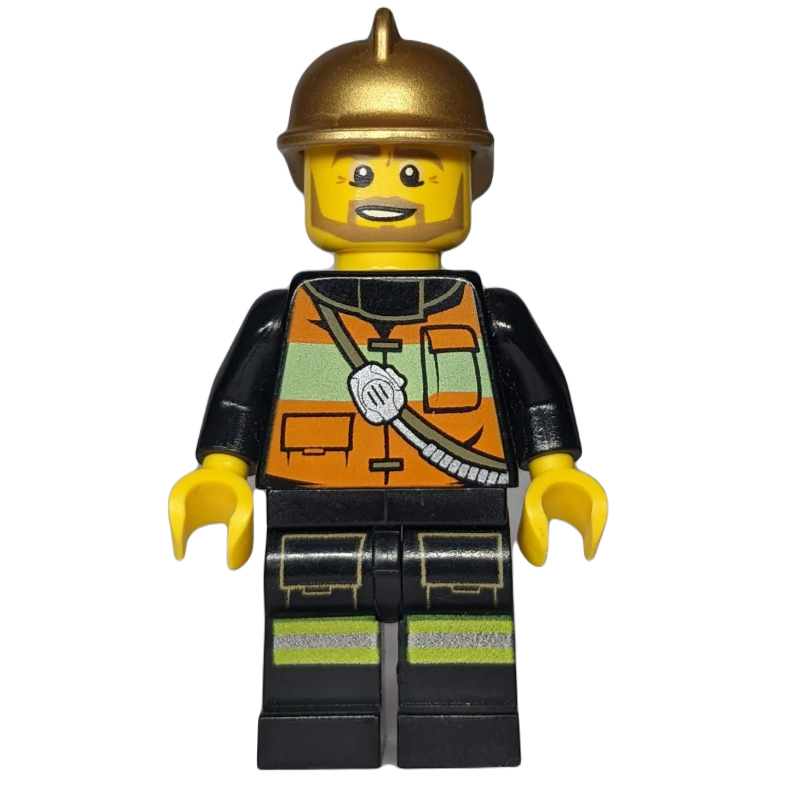 Pompier, gilet de sécurité orange avec radio, casque doré, barbe (Fireman, Orange Safety Vest with Radio, Gold Helmet, Beard)