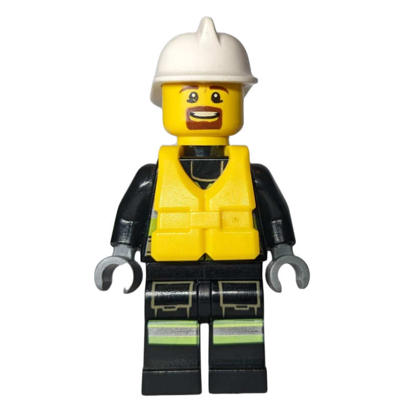 Pompier, gilet de sécurité avec lampe de poche, poche et ceinture, casque blanc, gilet de sauvetage jaune, bouc (Fireman, Safety Vest with Flashlight, Pocket, and Belt, White Helmet, Yellow Life Vest, Goatee Beard)