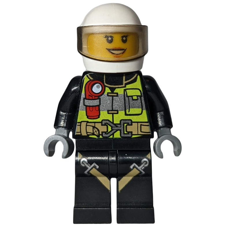 Firewoman, gilet de sécurité avec lampe de poche, poche et ceinture, jambes noires avec sangles, casque blanc avec visière (Firewoman, Safety Vest with Flashlight, Pocket, and Belt, Black Legs with Straps, White Helmet with Visor)