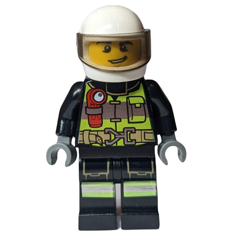 Pompier, gilet de sécurité avec lampe de poche, poche et ceinture, casque blanc avec visière (Fireman, Safety Vest with Flashlight, Pocket, and Belt, White Helmet with Visor)