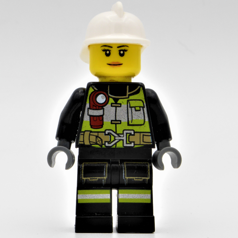 Pompière, costume de feu noir avec jauge et sangles, casque blanc (Firewoman, Black Fire Suit with Gauge and Straps, White Helmet)