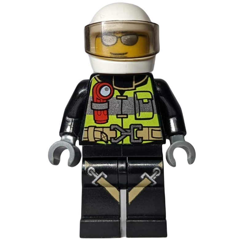 Pompier, gilet de sécurité avec lampe de poche, poche et ceinture, jambes noires avec bretelles, casque blanc avec visière, lunettes de soleil argentées (Fireman, Safety Vest with Flashlight, Pocket, and Belt, Black Legs with Straps, White Helmet with Visor, Silver Sunglasses)