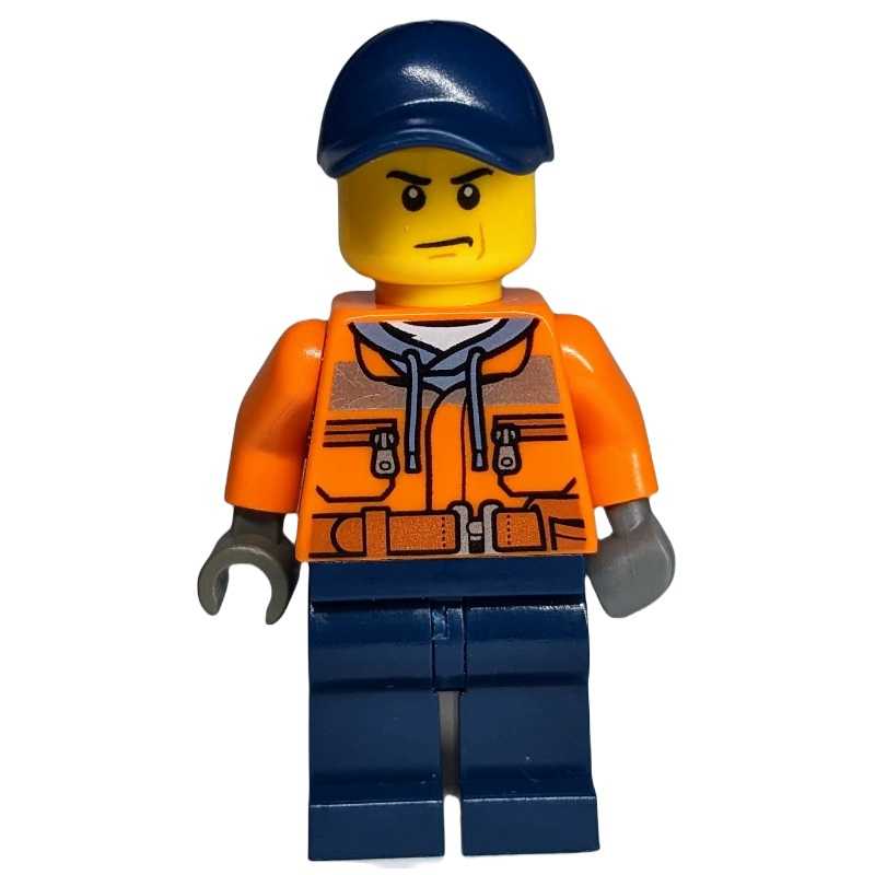 Ouvrier de chantier, veste orange avec fermeture à glissière et rayures réfléchissantes, jambes bleu foncé, casquette bleu foncé (Construction Worker, Orange Jacket with Zipper and Reflective Stripes, Dark Blue Legs, Dark Blue Cap)