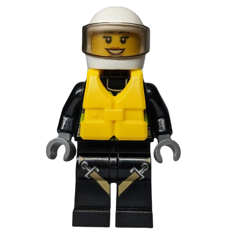 Firewoman, gilet de sécurité avec lampe de poche, poche et ceinture, jambes noires avec sangles, casque blanc avec visière, gilet de sauvetage jaune (Firewoman, Safety Vest with Flashlight, Pocket, and Belt, Black Legs with Straps, White Helmet with Visor, Yellow Life Vest)