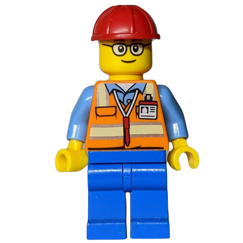Ouvrier de chantier, gilet de sécurité orange avec stylo et badge d'identité, casque de chantier rouge, lunettes (Construction Worker, Orange Safety Vest with Pen and ID Badge, Red Hard Hat, Glasses)