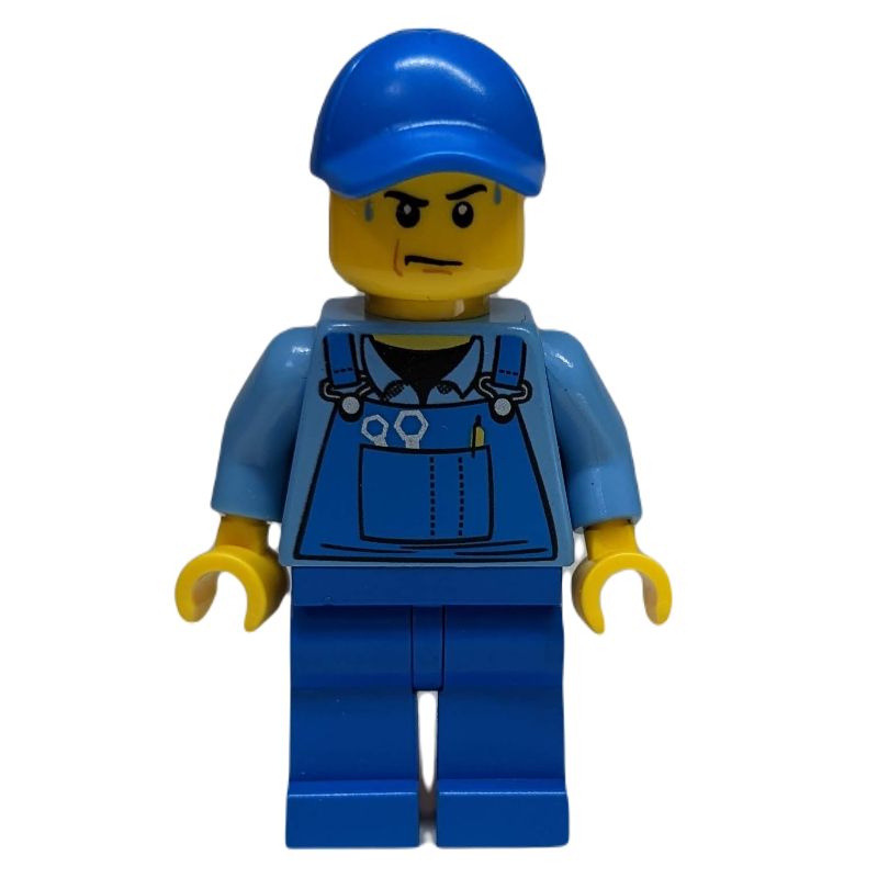 Homme, salopette bleue sur chemise, jambes bleues, casquette noire, gouttes de sueur (Man, Blue Overalls over Shirt, Blue Legs, Black Cap, Sweat Drops)