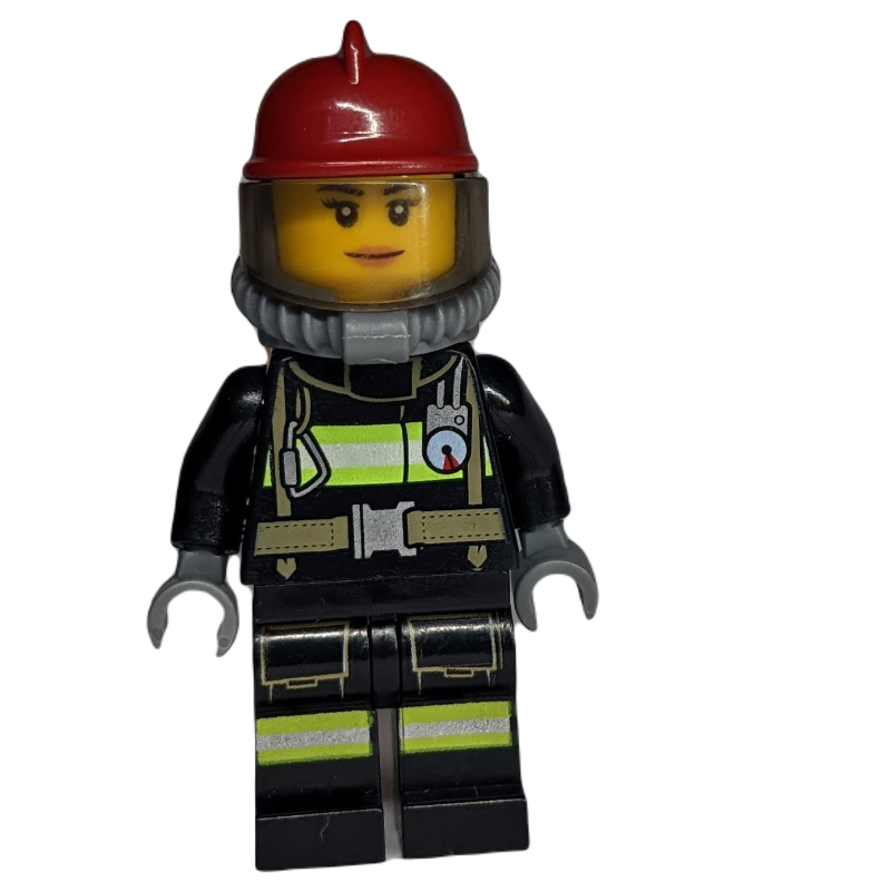 Pompière, costume de feu noir avec jauge et sangles, casque rouge foncé, appareil respiratoire, bouteilles d’air (Firewoman, Black Fire Suit with Gauge and Straps, Dark Red Helmet, Breathing Apparatus, Airtanks)