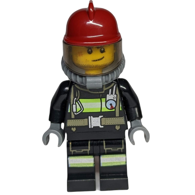 Pompier, tenue de pompier noire avec jauge et sangles, casque rouge foncé, appareil respiratoire, bouteilles d’air, barbe naissante et cicatrice (Fireman, Black Fire Suit with Gauge and Straps, Dark Red Helmet, Breathing Apparatus, Airtanks, Stubble and Scar)