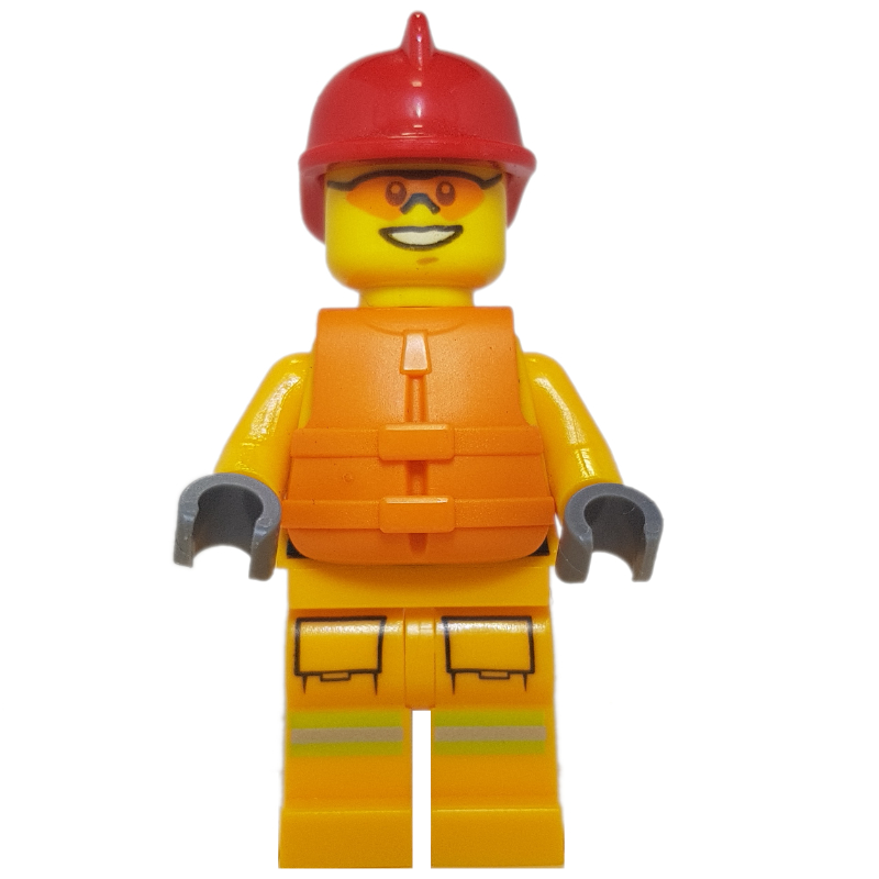 Pompier, costume de feu orange lumineux, casque rouge, gilet de sauvetage orange, lunettes de soleil orange (Fireman, Bright Light Orange Fire Suit, Red Helmet, Orange Life Vest, Orange Sunglasses)