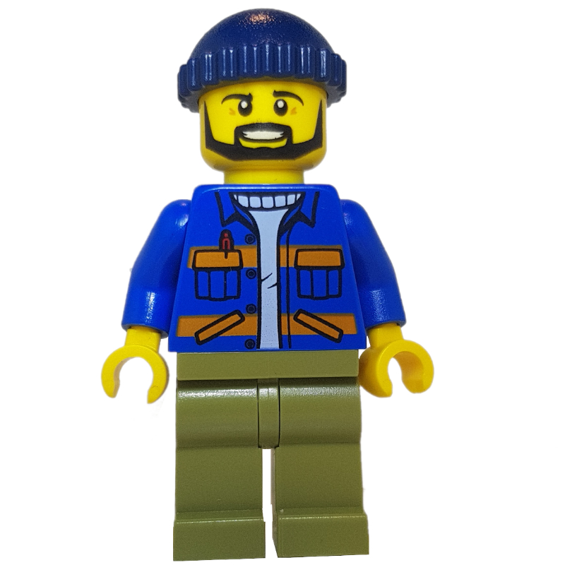 Ouvrier, chemise bleue à rayures orange et poches, jambes vert olive, chapeau bleu foncé, barbe (Worker, Blue Shirt with Orange Stripes and Pockets, Olive Green Legs, Dark Blue Hat, Beard)
