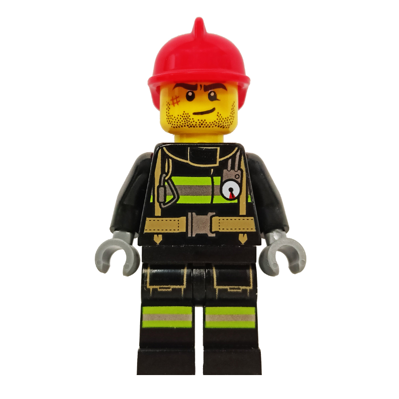 Pompier, costume de feu noir avec jauge et sangles, casque rouge, barbe naissante et cicatrice (Fireman, Black Fire Suit with Gauge and Straps, Red Helmet, Stubble and Scar)