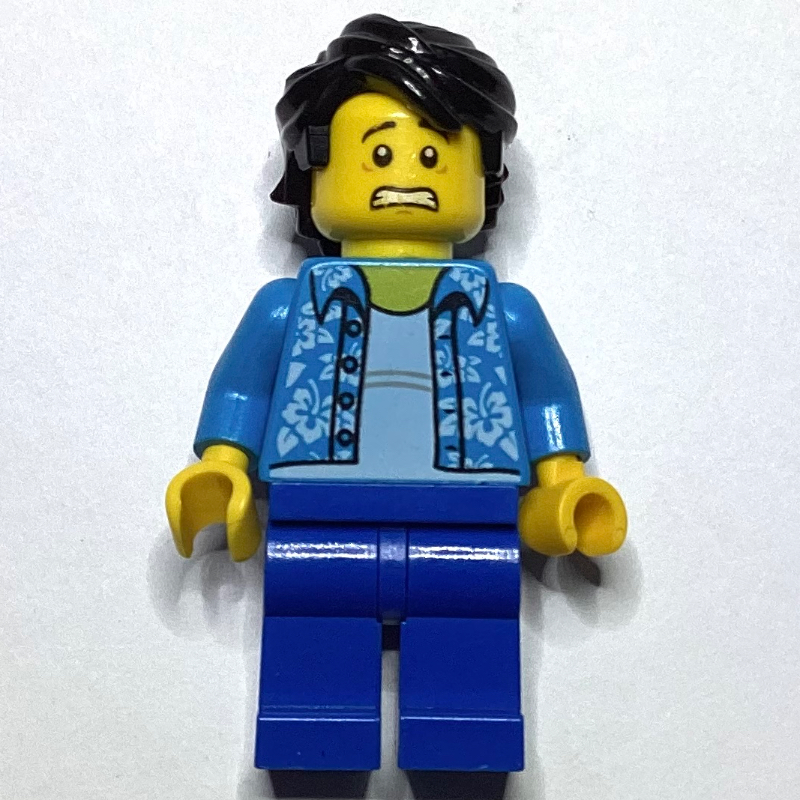 Homme, ouvert chemise hawaïenne azur foncé, jambes bleues, cheveux noirs (Man, Open Dark Azure Hawaiian Shirt, Blue Legs, Black Hair)