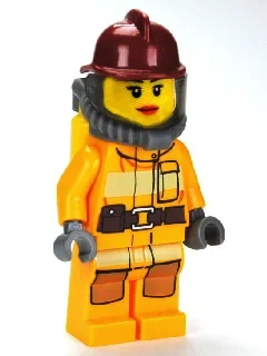 Pompière, tenue de pompier orange clair vif, casque rouge foncé, appareil respiratoire, bouteilles d’air (Firewoman, Bright Light Orange Fire Suit, Dark Red Helmet, Breathing Apparatus, Airtanks)