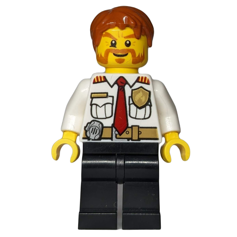 Pompier, chemise blanche avec cravate rouge, badge et radio sur ceinture, cheveux orange foncé, favoris épais et moustache (Fireman, White Shirt with Red Tie, Badge, and Radio on Belt, Dark Orange Hair, Mutton Chops and Moustache)