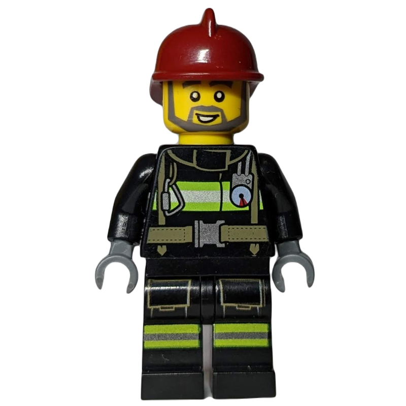 Pompier, costume de feu noir avec jauge et sangles, casque rouge foncé, barbe (Fireman, Black Fire Suit with Gauge and Straps, Dark Red Helmet, Beard)