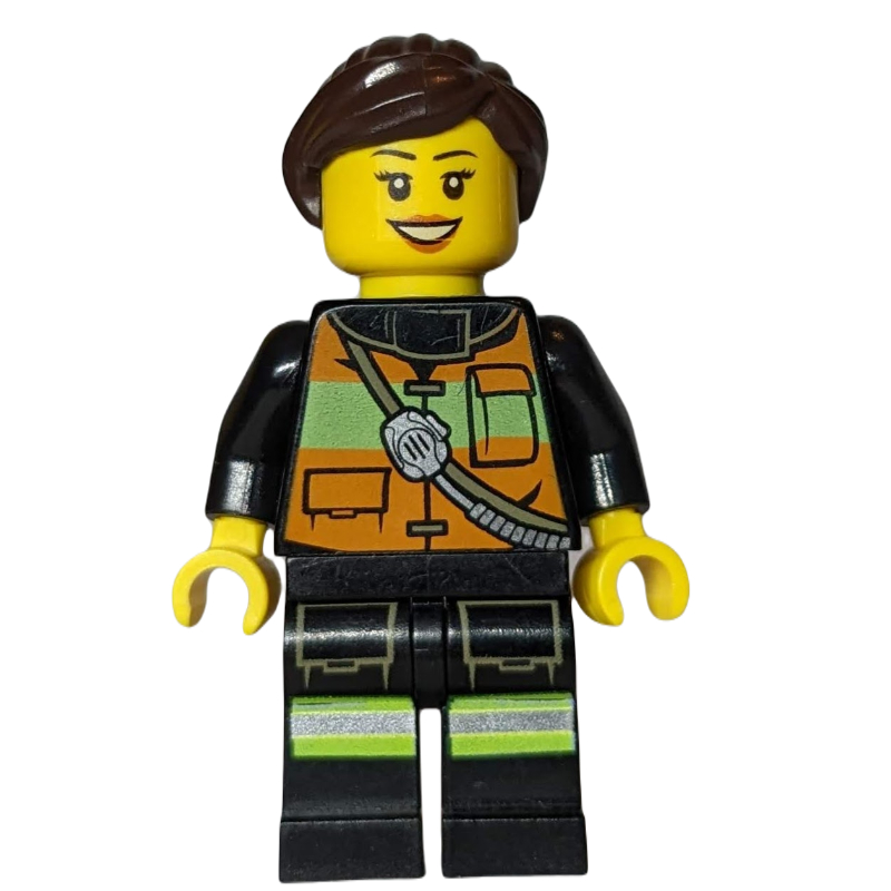 Pompière, gilet de sécurité orange avec radio, cheveux brun foncé (Firewoman, Orange Safety Vest with Radio, Dark Brown Hair)