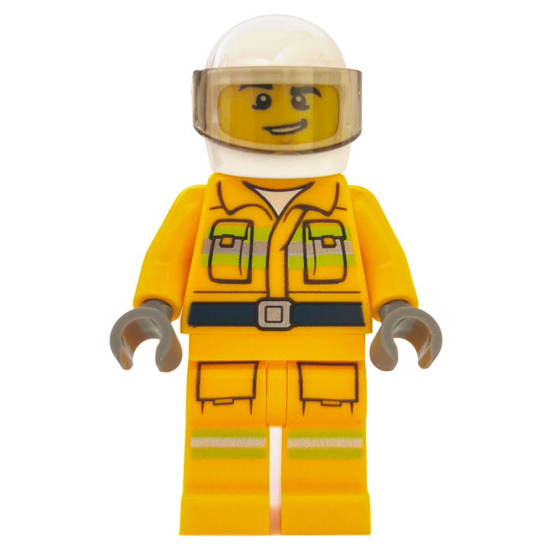 Pompier, tenue de pompier orange clair vif, casque blanc avec visière (Fireman, Bright Light Orange Fire Suit, White Helmet with Visor)