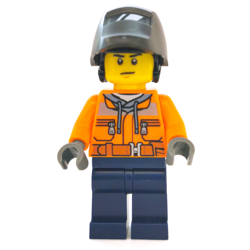 Ouvrier de chantier, veste orange avec fermeture à glissière et rayures réfléchissantes, jambes bleu foncé, masque de soudage (Construction Worker, Orange Jacket with Zipper and Reflective Stripes, Dark Blue Legs, Welding Mask)