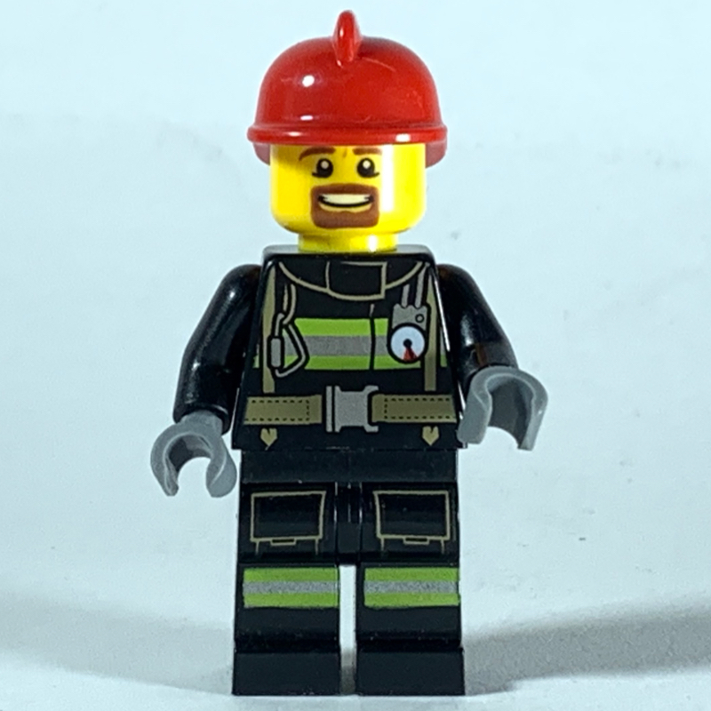 Pompier, costume de feu noir avec jauge et sangles, casque rouge, bouc (Fireman, Black Fire Suit with Gauge and Straps, Red Helmet, Goatee Beard)
