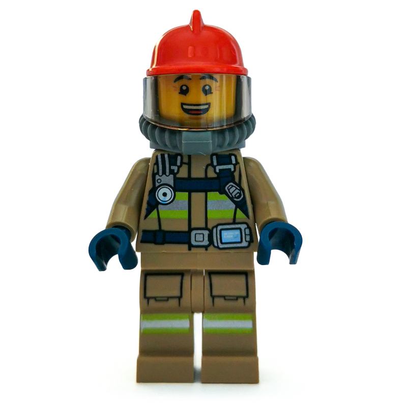 Pompier, costume de feu beige foncé avec jauge et sangles, casque rouge, appareil respiratoire, bouteilles d’air, bouche ouverte (Fireman, Dark Tan Fire Suit with Gauge and Straps, Red Helmet, Breathing Apparatus, Airtanks, Open Mouth)