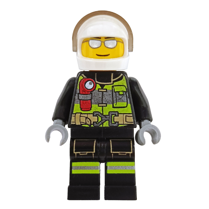 Pompier, gilet de sécurité avec lampe de poche, poche et ceinture, casque blanc avec visière, lunettes de soleil argentées (Fireman, Safety Vest with Flashlight, Pocket, and Belt, White Helmet with Visor, Silver Sunglasses)