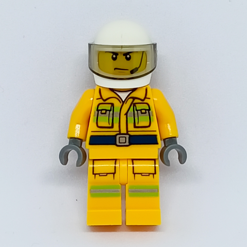 Pompier, tenue de pompier orange clair vif, casque blanc avec visière, micro-casque (Fireman, Bright Light Orange Fire Suit, White Helmet with Visor, Headset)