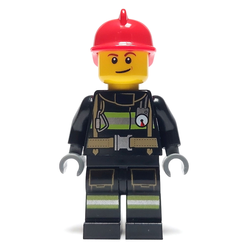 Pompier, costume de feu noir avec jauge et sangles, casque rouge (Fireman, Black Fire Suit with Gauge and Straps, Red Helmet)