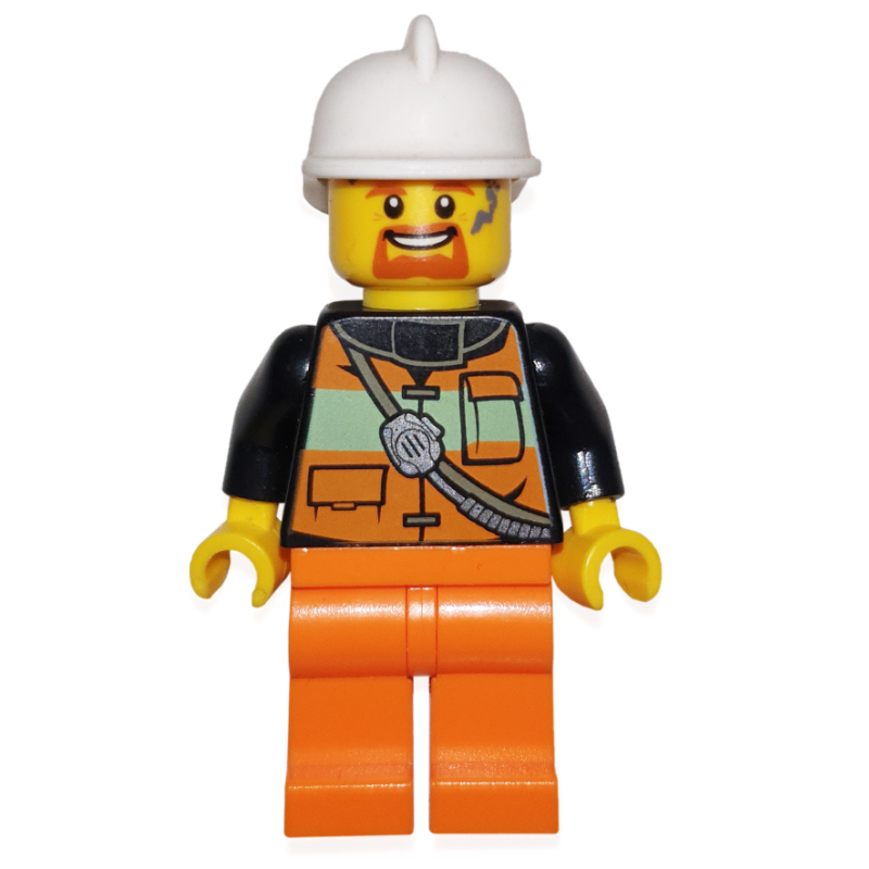 Pompier, gilet de sécurité orange avec radio, casque blanc, bouc (Fireman, Orange Safety Vest with Radio, White Helmet, Goatee Beard)