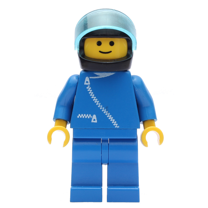 Homme, veste bleue avec fermeture à glissière, jambes bleues, casque noir avec visière (Man, Blue Jacket with Zipper, Blue Legs, Black Helmet with Visor)