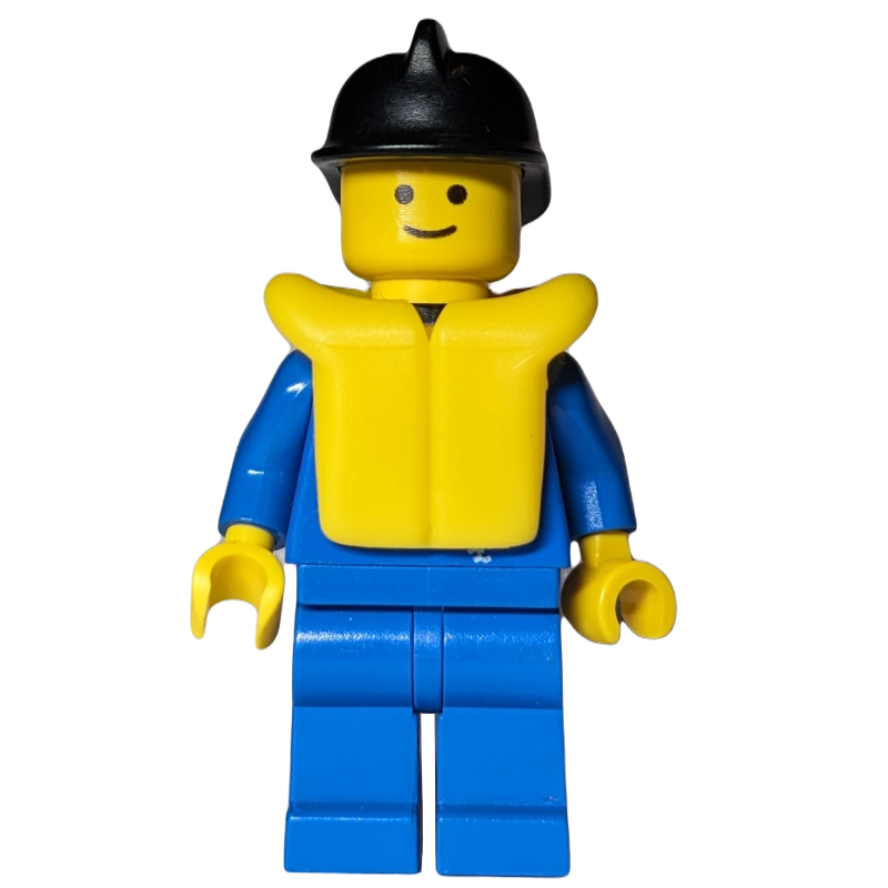 Pompier, veste bleue avec fermeture éclair, casque noir, gilet de sauvetage jaune (Fireman, Blue Jacket with Zipper, Black Helmet, Yellow Life Vest)