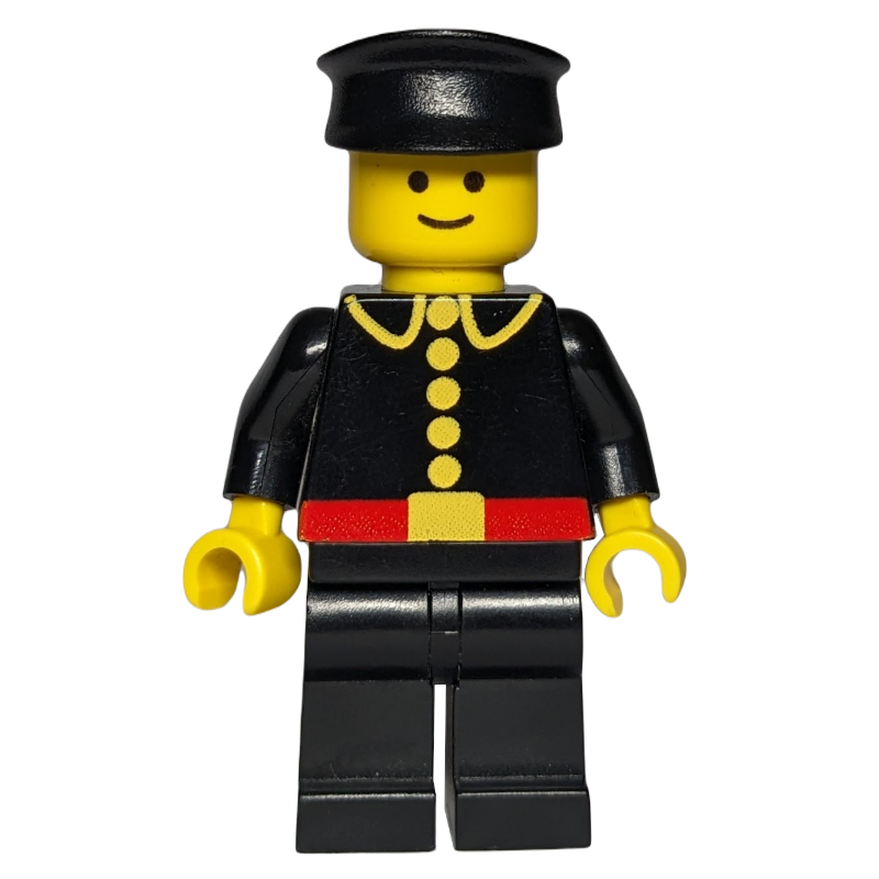 Pompier, classique, veste de feu noir avec ceinture rouge et boutons, chapeau noir (Fireman, Classic, Black Fire Jacket with Red Belt and Buttons, Black Hat)