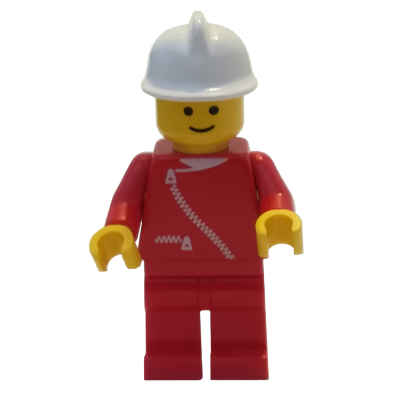 Pompier, veste rouge avec fermeture éclair, casque blanc (Fireman, Red Jacket with Zipper, White Helmet)