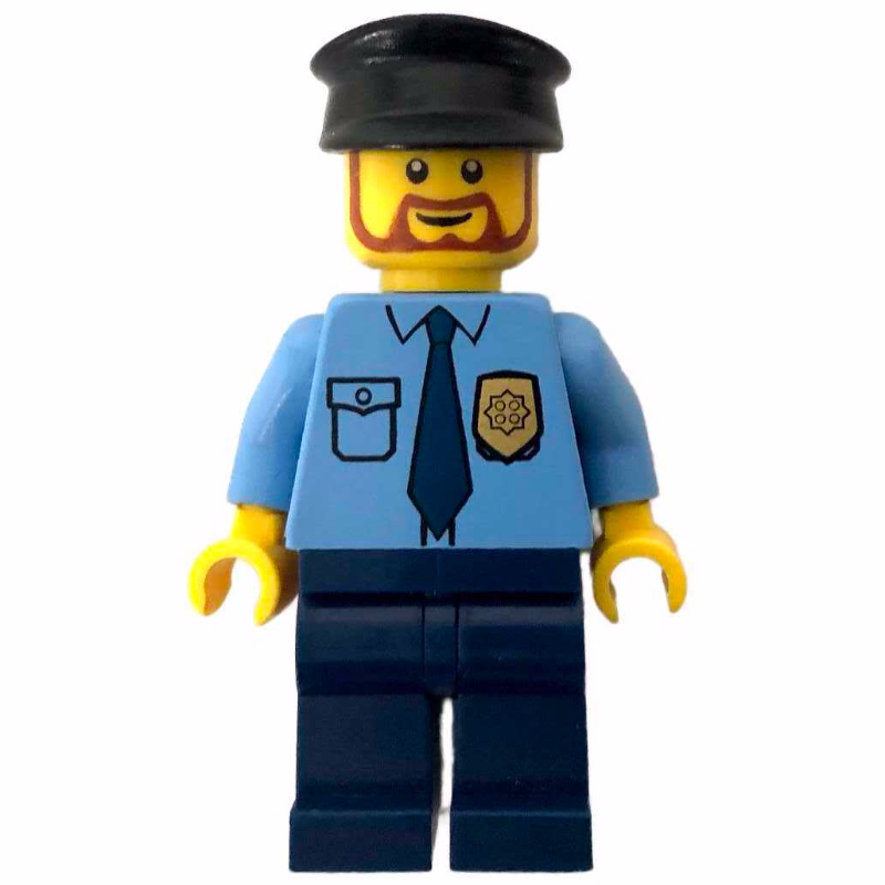 Policier, chemise bleu moyen avec badge et cravate, jambes bleu foncé, chapeau noir, barbe (Policeman, Medium Blue Shirt with Badge and Tie, Dark Blue Legs, Black Hat, Beard)