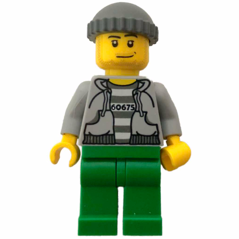 Bandit, ouvert sweat à capuche gris bleuté clair sur la chemise de prison avec # 60675, chapeau gris bleuté foncé, barbe naissante (Criminal, Open Light Bluish Gray Hoodie over Prison Shirt with #60675, Dark Bluish Gray Hat, Stubble)