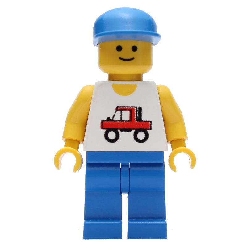 Homme, gilet blanc avec camion, jambes bleues, casquette bleue (3626b tête) (Man, White Vest with Truck, Blue Legs, Blue Cap (3626b Head))