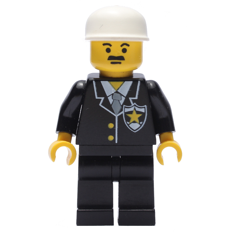 Policier, veste noire avec cravate et badge, jambes noires, casquette blanche, moustache (Policeman, Black Jacket with Tie and Badge, Black Legs, White Cap, Moustache)