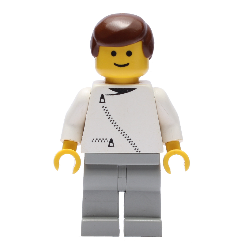 Homme, veste blanche avec fermeture à glissière, jambes gris clair, cheveux bruns (Man, White Jacket with Zipper, Light Gray Legs, Brown Hair)