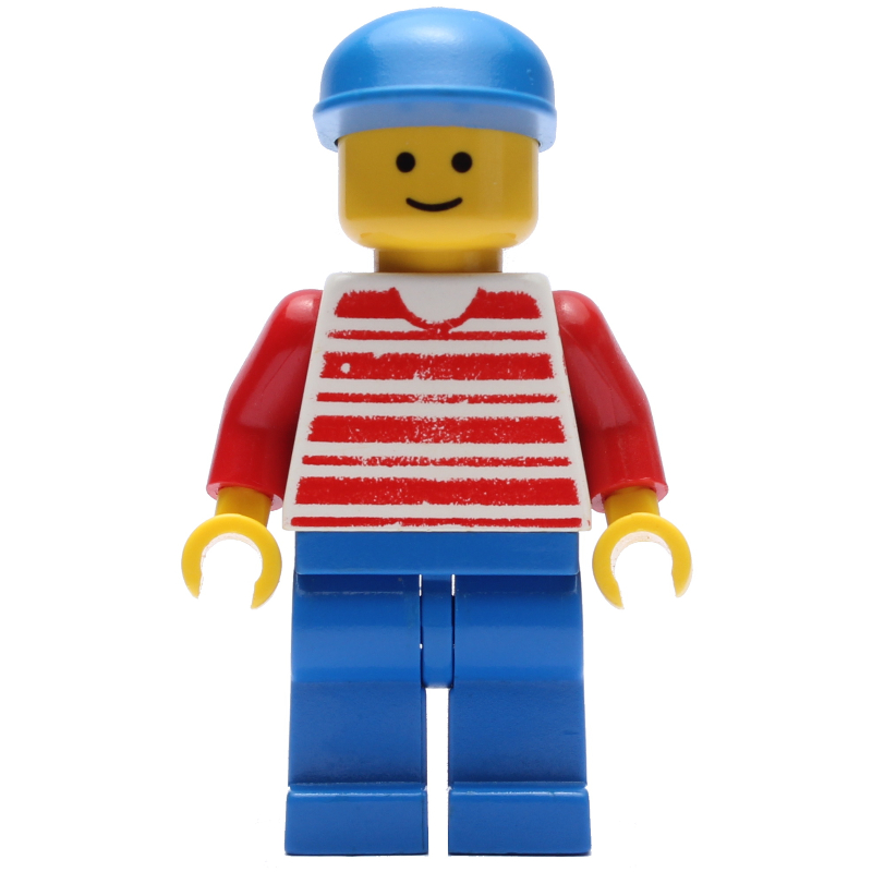 Homme, chemise rayée rouge et blanche, jambes bleues, casquette bleue (Man, Red and White Striped Shirt, Blue Legs, Blue Cap)