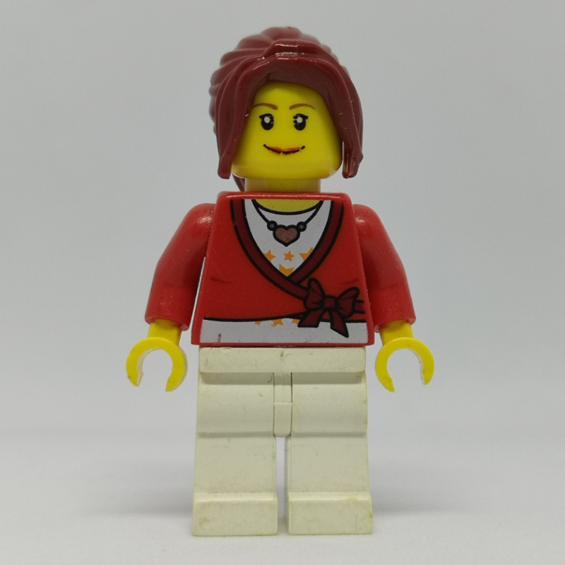 Femme, cardigan noué avec arc et collier, jambes blanches, cheveux rouge foncé (Woman, Cardigan Tied with Bow and Necklace, White Legs, Dark Red Hair)