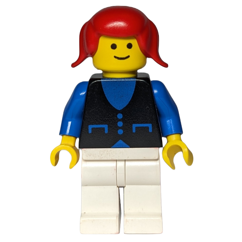 Femme, gilet noir sur haut bleu, jambes blanches, cheveux rouges (Woman, Black Vest over Blue Top, White Legs, Red Hair)