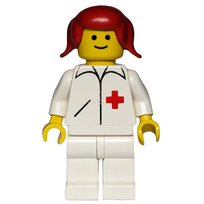 Médecin, femme, veste blanche avec croix rouge, cheveux roux (Doctor, Woman, White Jacket with Red Cross, Red Hair)