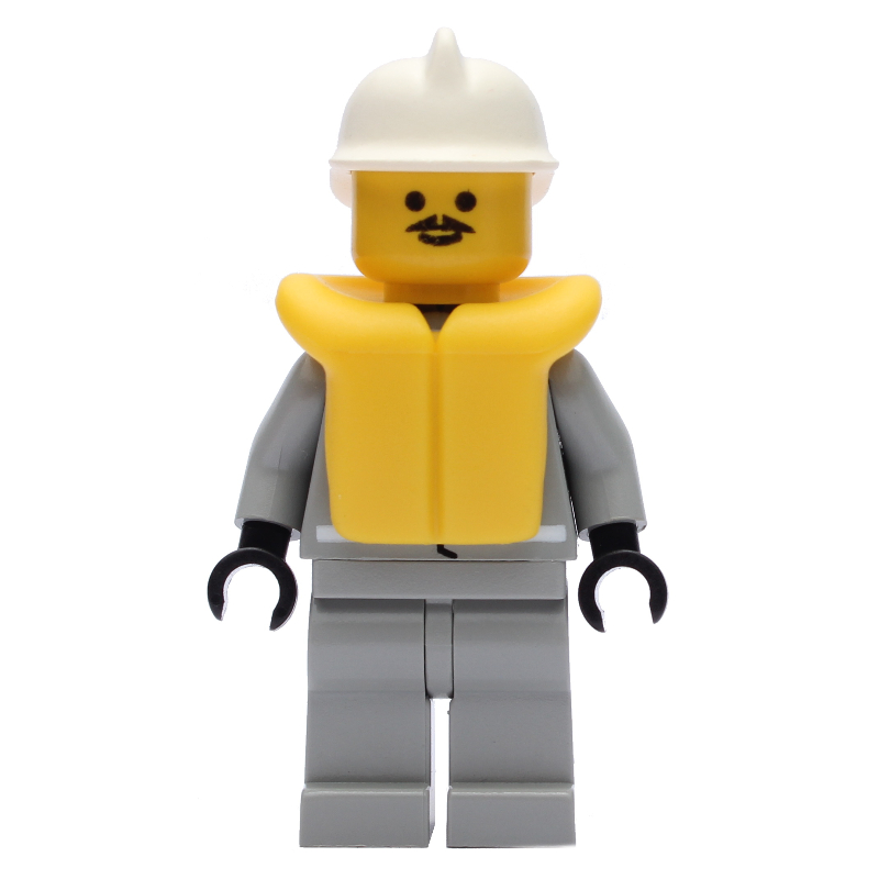 Pompier, chemise avec calibre et poche, jambes gris clair, casque blanc, gilet de sauvetage jaune (Fireman, Shirt with Gauge and Pocket, Light Gray Legs, White Helmet, Yellow Life Vest)