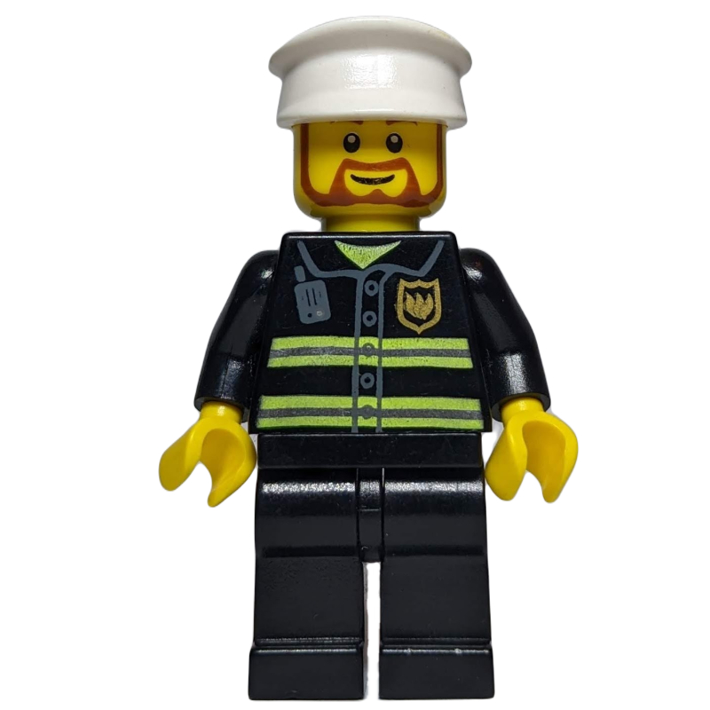 Pompier, veste de feu noir avec des rayures réfléchissantes, radio, et badge, chapeau blanc, barbe (Fireman, Black Fire Jacket with Reflective Stripes, Radio, and Badge, White Hat, Beard)