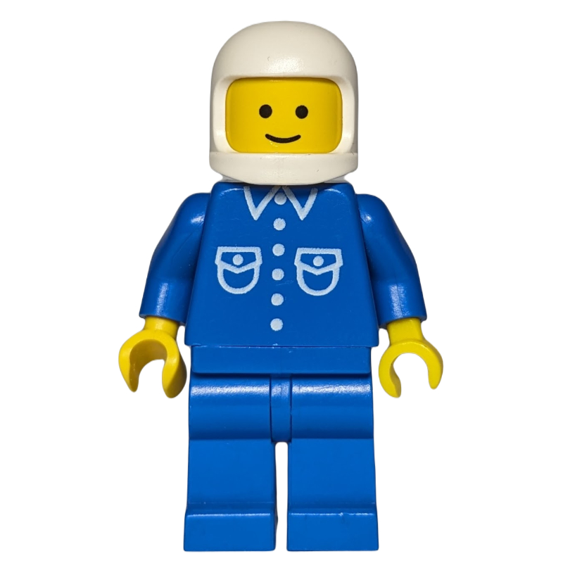 Homme, chemise bleue avec boutons et poches, jambes bleues, casque blanc (Man, Blue Shirt with Buttons and Pockets, Blue Legs, White Helmet)