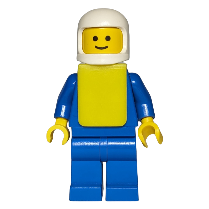 Homme, chemise bleue avec boutons et poches, jambes bleues, casque blanc, gilet jaune (Man, Blue Shirt with Buttons and Pockets, Blue Legs, White Helmet, Yellow Vest)